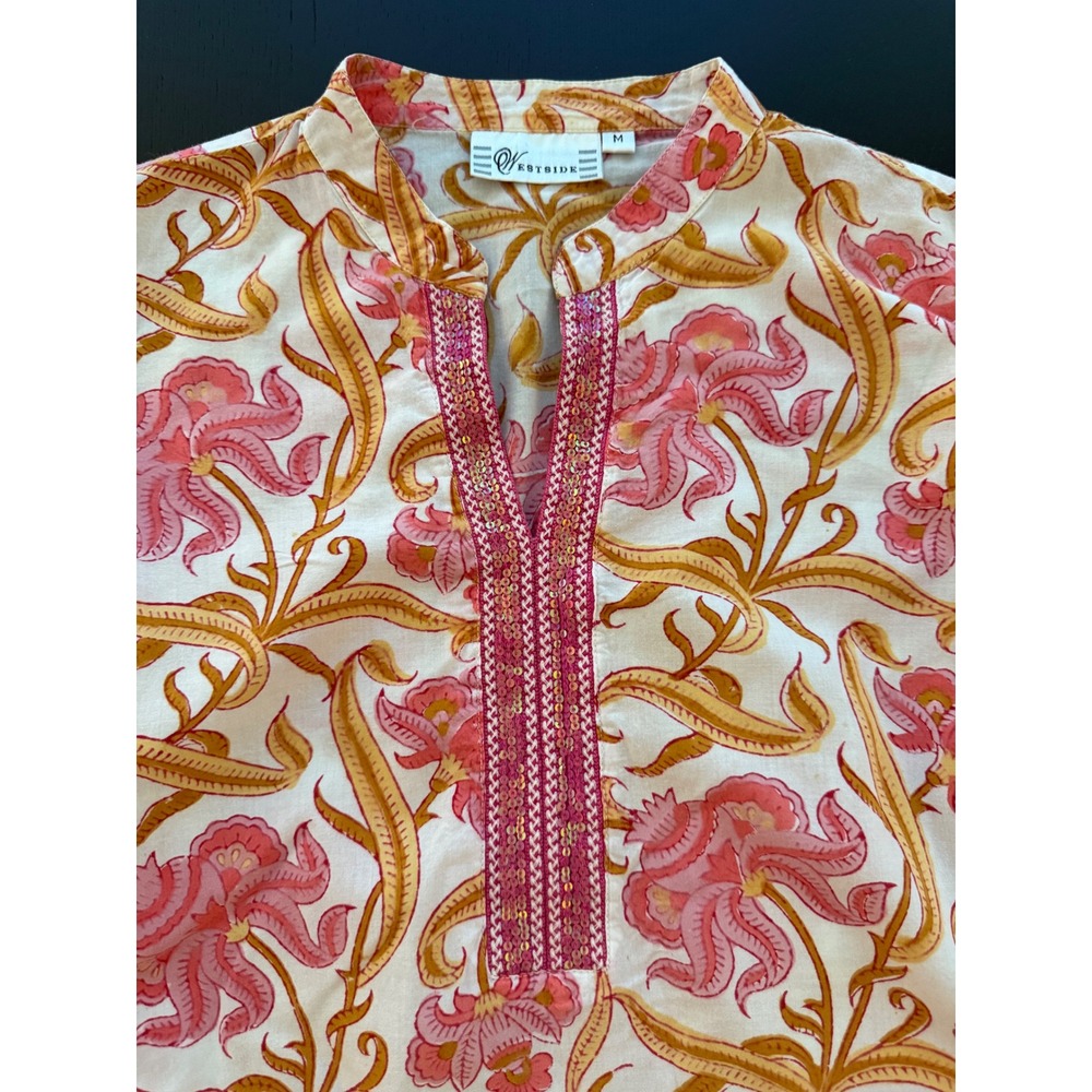 Westside Printed Cotton Tunic Shirt Womens Size M Floral Pink Sequin Lightweight - Picture 9 of 14
